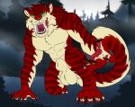  angel_(velvetvlade) animal_genitalia anthro balls big_balls big_fangs bodily_fluids brown_claws claws fangs felid finger_claws front_view fully_sheathed fur genitals green_eyes hair hi_res killthe_demon licking licking_lips licking_own_lips looking_at_viewer male male_anthro mammal markings messy_hair nude outside pupils red_body red_fur red_hair red_tongue saliva saliva_string sheath short_hair slit_pupils solo striped_arms striped_legs striped_markings striped_tail stripes tail tail_markings teeth tongue tongue_out werecreature werefelid yellow_balls yellow_body yellow_fur 