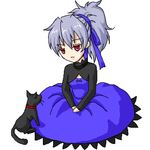  1girl black_cat cat collar darker_than_black dress female grey_hair hair_ribbon long_sleeves lowres mao mao_(darker_than_black) maroon_eyes purple_dress purple_ribbon ribbon simple_background sitting white_background yin 