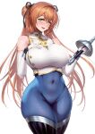  1girl :d bare_shoulders black_boots blush bodystocking boots breasts brick_(atelier_brick) brown_dust_(series) brown_dust_2 brown_hair commentary_request commission cosplay covered_navel cowboy_shot elbow_gloves girls&#039;_frontline gloves green_eyes hair_between_eyes hair_ribbon hair_rings hand_on_own_chest highres holding holding_sword holding_weapon large_breasts long_hair looking_at_viewer open_mouth pixiv_commission rapier ribbon shirt sidelocks simple_background skindentation sleeveless sleeveless_shirt sleeveless_turtleneck smile solo springfield_(girls&#039;_frontline) standing sword thigh_boots turtleneck turtleneck_shirt weapon white_background white_gloves white_shirt wilhelmina_(brown_dust) wilhelmina_(brown_dust)_(cosplay) 