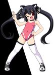  ;d animal_ears black_background black_hair black_ribbon blush cat_ears chirorian choker full_body hair_ribbon hand_on_hip kooh legs_apart leotard long_hair looking_at_viewer one_eye_closed open_mouth pangya pink_leotard red_eyes ribbon shoes sidelocks smile solo spread_legs standing thighhighs twintails white_background white_legwear 
