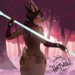  2025 anthro antlers big_butt blue_eyes brown_body brown_fur butt clothing deer digital_media_(artwork) female fog forest fur hair hatwolf hi_res holding_object holding_weapon horn light looking_at_viewer looking_back mammal melee_weapon nude nude_female outside plant presenting presenting_hindquarters purple_hair rear_view shaded short_tail signature smile solo standing sunlight tail tree weapon weapon_on_shoulder 