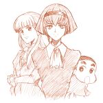  1boy 2girls android bob_cut bow brooch commentary_request crayon_shin-chan expressionless gundam gundam_wing jewelry long_hair looking_at_viewer monochrome multiple_girls nohara_shinnosuke open_mouth r_dorothy_wayneright rakshasa_(artist) relena_peacecraft short_hair simple_background the_big_o upper_body voice_actor_connection white_background yajima_akiko 