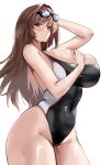  1girl absurdres arm_up bare_arms bare_shoulders black_one-piece_swimsuit blush breasts brown_hair closed_mouth commentary competition_swimsuit cowboy_shot from_side goddess_of_victory:_nikke goggles goggles_on_head groin hair_between_eyes hair_intakes hand_on_own_chest hand_on_own_head hand_up highleg highleg_one-piece_swimsuit highres huge_breasts kopepan_(kopepann11) long_hair looking_at_viewer looking_to_the_side official_alternate_costume one-piece_swimsuit orange_eyes rapi_(classic_vacation)_(nikke) rapi_(nikke) sideways_glance simple_background solo swim_goggles swimsuit two-tone_one-piece_swimsuit white_background white_one-piece_swimsuit 