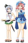  alternate_costume blue_eyes bow breast_suppress breasts feet gengorou hair_bow hat konpaku_youmu large_breasts miniskirt multiple_girls pink_eyes pink_hair saigyouji_yuyuko sandals short_hair silver_hair skirt small_breasts smile sword tabi touhou triangular_headpiece weapon 