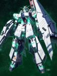  arm_shield beam_rifle char's_counterattack commentary commission energy_gun fin_funnels full_body funnels_(gundam) glowing glowing_eyes green_eyes gun gundam gundam_msv highres holding holding_gun holding_weapon insignia looking_at_viewer mecha mecha_focus mobile_suit no_humans nu_gundam_(rx-93ff) nu_gundam_hws psycho_frame robot science_fiction signature siratori_(yy_203) skeb_commission solo v-fin weapon 