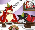  ambiguous_feral ambiguous_gender angel_(velvetvlade) anthro beef big_fangs black_body black_fur blue_eyes bodily_fluids cake canid canine closed_smile clothing dessert drooling duo ear_piercing ear_ring fangs felid feral food front_view fur glistening glistening_eyes green_eyes grey_body grey_fur hat headgear headwear heterochromia hi_res killthe_demon male male_anthro mammal markings meat mouth_closed party_hat piercing red_body red_fur ring_piercing saliva smile steak striped_arms striped_markings striped_tail stripes tail tail_markings tail_motion tailwag teeth white_body white_fur yellow_body yellow_eyes yellow_fur yipsky 