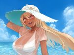  1girl bikini bikini_under_clothes blonde_hair dark-skinned_female dark_skin day hat hololive outdoors red_eyes shadow shiranui_flare solo suki_byun sun_hat swimsuit virtual_youtuber white_bikini 
