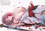  1girl areola_slip bare_shoulders bottle breasts brown_eyes choko_(cup) cleavage collarbone copyright_name cup flower goddess_of_victory:_nikke grey_hair hair_flower hair_intakes hair_ornament hairband highres inging823 japanese_clothes katana kimono large_breasts looking_at_viewer lying obi official_alternate_costume on_side red_flower red_hairband red_nails red_petals red_rose rose sake_bottle sash scarlet_(black_shadow)_(longing_flower)_(nikke) scarlet_(black_shadow)_(nikke) scarlet_(nikke) sheath sheathed solo sweat sword weapon white_kimono 