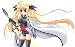  bardiche belt blonde_hair cape energy_sword fate_testarossa gauntlets gloves hair_ribbon long_hair lyrical_nanoha magical_girl mahou_shoujo_lyrical_nanoha_strikers miniskirt narutaki_shin red_eyes ribbon single_gauntlet single_glove skirt solo sword thighhighs twintails very_long_hair weapon 