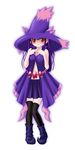  artist_request blush boots cosplay costume gradient gradient_background hat loli long_hair mismagius personification pokemon purple_hair red_eyes solo witch_hat 