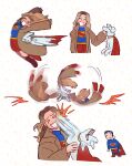  &gt;_&lt; 1girl :d absurdres biting cape dc_comics dc_universe_(franchise) dog dragging highres krypto_the_superdog mantiscorner multiple_views red_cape skirt smile supergirl superhero_costume superman superman_(2025) superman_(series) superman_logo white_dog xd 