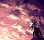  1girl choker cloud clouds darker_than_black dress female grey_hair hair_ribbon long_sleeves looking_at_viewer lowres outdoors perspective ponytail purple_dress purple_ribbon red_eyes ribbon sky solo standing yin 