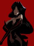  1girl arm_under_breasts bare_shoulders black_dress black_gloves black_hair black_lips breasts chest_tattoo cleavage closed_mouth dress elbow_gloves fullmetal_alchemist gloves head_tilt highres large_breasts lipstick long_hair looking_at_viewer loose_hair_strand lust_(fma) makeup red_background red_eyes senji_(kurisusen1) simple_background solo strapless strapless_dress tattoo very_long_fingernails wavy_hair 