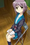  bangs book cardigan chair kita_high_school_uniform long_sleeves makino_tomoyasu nagato_yuki school_uniform serafuku short_hair solo suzumiya_haruhi_no_yuuutsu 