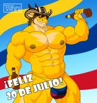 5_fingers abs alcohol anthro areola balls_outline beer beer_bottle beverage biceps big_bulge big_muscles biped bottle brown_hair bulge clothed clothing colombian_flag container countershade_torso countershading detailed_bulge digital_drawing_(artwork) digital_media_(artwork) dragon european_mythology fingers flag flag_clothing front_view genital_outline grin hair hat headgear headwear hi_res holding_beverage holding_bottle holding_container holding_object horn huge_muscles humanoid_hands kent_izumi looking_at_viewer male male_anthro markings multicolored_body multicolored_clothing multicolored_scales muscular muscular_anthro muscular_male mythological_creature mythological_scalie mythology navel nipples non-mammal_nipples pecs penis_outline portrait quads red_eyes reptile scales scalie signature simple_background smile solo spanish_text speedo spikes spikes_(anatomy) standing swimwear tail teeth text thong three-quarter_portrait topless topless_anthro topless_male two_tone_body two_tone_scales underwear watermark western_dragon wingless_dragon wolfe_fubuki yellow_body yellow_clothing yellow_scales yellow_underwear