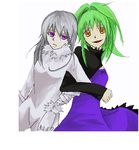  2girls alternate_hairstyle amber amber_(cosplay) bodysuit cosplay costume_switch darker_than_black dress female fur_trim gloves green_hair grey_hair hair_down long_sleeves multiple_girls orange_eyes purple_dress purple_eyes yin yin_(cosplay) 