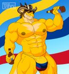 5_fingers abs alcohol anthro areola balls_outline beer beer_bottle beverage biceps big_bulge big_muscles biped bottle brown_hair bulge clothed clothing colombian_flag container countershade_torso countershading detailed_bulge digital_drawing_(artwork) digital_media_(artwork) dragon european_mythology fingers flag flag_clothing front_view genital_outline grin hair hat headgear headwear hi_res holding_beverage holding_bottle holding_container holding_object horn huge_muscles humanoid_hands kent_izumi looking_at_viewer male male_anthro markings multicolored_body multicolored_clothing multicolored_scales muscular muscular_anthro muscular_male mythological_creature mythological_scalie mythology navel nipples non-mammal_nipples pecs penis_outline portrait quads red_eyes reptile scales scalie signature simple_background smile solo speedo spikes spikes_(anatomy) standing swimwear tail teeth thong three-quarter_portrait topless topless_anthro topless_male two_tone_body two_tone_scales underwear watermark western_dragon wingless_dragon wolfe_fubuki yellow_body yellow_clothing yellow_scales yellow_underwear