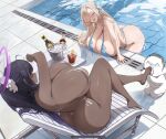  2girls absurdres alcohol alternate_breast_size alternate_costume ass asuna_(blue_archive) bare_shoulders bikini black_hair blonde_hair blue_archive blue_bikini blue_eyes blue_halo blue_ribbon blush breast_rest breasts champagne cleavage cup curvy dark-skinned_female dark_skin drink drinking_glass gigantic_breasts hair_over_one_eye halo highres hth5k huge_ass ice_bucket karin_(blue_archive) licking licking_foot long_hair micro_bikini multiple_girls partially_submerged ponytail pool poolside purple_halo revision ribbon scrunchie sensei_(blue_archive) sideboob sitting smile string_bikini swimsuit thighs thong thong_bikini very_long_hair water white_bikini white_scrunchie yellow_eyes 