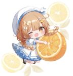  1girl :d artist_name beret black_shoes blue_dress blush bow braid braided_ponytail center-flap_bangs chibi chibi_only commentary diagonal-striped_bow double-parted_bangs dress fang food food-themed_hair_ornament frilled_dress frills fruit full_body hair_bow hair_ornament hat holding holding_food holding_fruit looking_at_viewer m_ydayo mary_janes multiple_hair_bows one_eye_closed orange_(fruit) orange_bow orange_eyes orange_hair orange_hair_ornament orange_slice original puffy_short_sleeves puffy_sleeves shoes short_sleeves skin_fang smile socks solo symbol-only_commentary twin_braids white_bow white_dress white_hat white_socks 