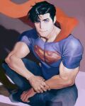  1boy ant black_hair black_shoes blue_eyes blue_pantsp bug cape cekrv9 closed_mouth commentary dc_comics hand_on_own_wrist hashtag-only_commentary highres looking_at_viewer male_focus parted_hair red_cape shirt shoes short_sleeves sitting solo superhero_costume superman superman_(series) superman_logo tight_clothes veins veiny_arms 