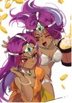  2girls armor beer_mug bikini_armor blush bracelet breasts brown_eyes cleavage cocked_eyebrow coin cup dark-skinned_female dark_skin dragon_quest dragon_quest_iv dress gold_coin hand_in_own_hair highres jewelry long_hair mamesan_2024 manya_(dq4) medium_breasts midriff minea_(dq4) mug multiple_girls one_eye_closed orange_dress orange_skirt parted_bangs pelvic_curtain pendant_choker purple_hair siblings silver_choker sisters skirt smile sweatdrop upper_body white_background 