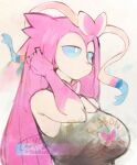  1girl :/ animal_ears animal_nose bare_shoulders black_shirt blue_sclera body_fur bow bowtie breasts closed_mouth clothes_writing colored_sclera commentary english_commentary expressionless furry furry_female hair_between_eyes hair_bow hair_ribbon hand_in_own_hair hand_up highres large_breasts long_hair looking_afar loose_hair_strand personification pink_bow pink_bowtie pink_fur pink_hair pokemon pokemon_(creature) ribbon shirt sidelocks simple_background sleeveless sleeveless_shirt solo spaghetti_strap sylveon thwillartz two-tone_fur upper_body white_background white_eyes white_fur white_ribbon 