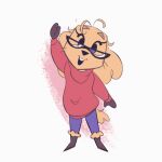  1:1 2021 animated anthro biped boots bottomwear canid canine canis clothing domestic_dog eyelashes eyeliner eyewear female footwear gesture glasses gloves hair handwear itsdanfango julie_(itsdanfango) long_hair makeup mammal pants shoes solo sweater tail tail_motion tailwag topwear waving 