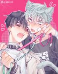  2boys alien_stage animal_ear_fluff animal_ears arm_up bandaid bandaid_on_face belt_collar black_collar black_hair black_shirt blue_eyes blush cat_boy cat_ears cat_tail collar collarbone commentary dog_boy dog_ears e/m=c gauze gauze_on_cheek hand_on_another&#039;s_shoulder holding holding_leash ivan_(alien_stage) jacket jewelry kemonomimi_mode lapels leash long_sleeves looking_at_viewer looking_to_the_side male_focus multiple_boys notched_lapels open_clothes open_jacket piercing pink_background print_shirt red_eyes ring shirt sideways_glance sleeves_past_wrists t-shirt tail teeth till_(alien_stage) tongue tongue_out tongue_piercing twitter_username upper_teeth_only white_collar white_jacket white_shirt 