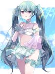  1girl absurdres aqua_bikini aqua_bow aqua_bowtie aqua_hair bikini blue_bow blue_bowtie bow bowtie breasts cleavage collarbone earrings frilled_bikini frilled_bikini_bottom frilled_bikini_top frilled_thigh_strap frilled_wrist_cuffs frills hatsune_miku highres jewelry long_hair looking_at_viewer medium_breasts navel open_mouth purple_eyes siquartz22 solo stomach swimsuit thigh_strap twintails very_long_hair vocaloid wrist_cuffs 