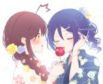  2girls ahoge alternate_hairstyle assault_lily blue_flower blue_kimono blue_nails blush bracelet brown_hair candy_apple closed_eyes commentary earrings eating face-to-face fingernails floral_print flower flower_earrings food from_side hair_between_eyes hair_flower hair_ornament hairclip hand_on_another&#039;s_hand hand_up hands_up highres holding holding_candy_apple holding_food japanese_clothes jewelry kimono long_hair long_sleeves looking_at_another medium_hair mizuha_(dreamchild_0504) multiple_girls nail_polish orange_eyes parted_lips pearl_bracelet pearl_hair_ornament ponytail portrait print_kimono profile purple_hair ring sharing_food simple_background sweat takasuga_tsukushi tucking_hair twitter_username watanabe_akane white_background white_kimono wide-eyed wide_sleeves yellow_flower yuri 