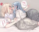  2girls absurdres bad_id bad_twitter_id bang_dream! bang_dream!_it&#039;s_mygo!!!!! blonde_hair blush extreme_yuri_buta eye_contact grey_skirt highres incest long_hair long_sleeves looking_at_another medium_hair misumi_uika multiple_girls plaid_clothes plaid_skirt purple_eyes shirt short_sleeves sidelocks skirt spoilers togawa_sakiko translation_request white_shirt yellow_eyes yuri 