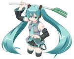  :o amasa_mitsunaru aqua_hair arm_up cropped_legs detached_sleeves green_eyes hair_between_eyes hatsune_miku holding long_hair microphone necktie pleated_skirt simple_background skirt solo spring_onion thighhighs twintails very_long_hair vocaloid white_background 