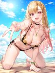  1girl :d all_fours arm_support bare_arms bare_legs bare_shoulders barefoot beach bead_bracelet beads bikini black_bikini black_choker blonde_hair blush bracelet breasts choker cleavage collarbone commentary_request day feet floral_print floral_print_bikini foreshortening fujima_takuya full_body gold_bikini gradient_hair gyaru_v happy jewelry kitagawa_marin large_breasts long_hair looking_at_viewer multi-strapped_bikini_bottom multicolored_hair nail_polish navel necklace open_mouth outdoors outstretched_arm pink_hair pink_nails red_eyes ring side-tie_bikini_bottom smile solo sono_bisque_doll_wa_koi_wo_suru stomach strap_slip string_bikini swimsuit teeth thighs upper_teeth_only v very_long_hair 