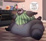  anthro appliance artist_name base_cabinet belly belly_on_ground belly_overhang beverage big_belly black_body black_fur blush bodily_fluids bottomless chips_(food) claws clothed clothing cowdypie curtains detailed_background dialogue embarrassed english_text facial_markings fat_rolls flying_sweatdrops food fur grey_body grey_fur head_markings hi_res immobile inside kitchen kitchen_appliance kitchen_cabinet light_switch looking_aside love_handles male mammal markings mask_(marking) moobs morbidly_obese morbidly_obese_anthro morbidly_obese_male obese obese_anthro obese_male open_mouth oven overweight overweight_anthro overweight_male pizza potato_chips procyonid raccoon ring_(marking) ringed_tail sitting soda soda_bottle solo speech_bubble stretch_marks striped_markings striped_tail stripes sweat sweatdrop tail tail_markings text thick_thighs wall_cabinet wide_hips 