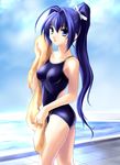  ass blue_eyes blue_hair breasts competition_school_swimsuit competition_swimsuit flat_ass hayase_mitsuki kimi_ga_nozomu_eien long_hair medium_breasts norizou_type-r one-piece_swimsuit ponytail pool solo swimsuit towel 