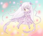  :d barasuishou chibi dress flower_eyepatch full_body holding holding_weapon long_hair long_sleeves looking_at_viewer mirai_(sugar) open_clothes open_mouth pink_dress polearm rozen_maiden scythe silver_hair smile solo very_long_hair weapon yellow_eyes 