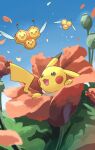  animal_focus bee blue_sky bug combee flower flying highres insect_wings no_humans open_mouth outdoors pikachu pokemon pokemon_(creature) pokemon_focus scarf sky smile white_scarf wings yamaori_(hakkentai_pokedan) 