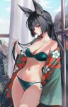  1girl alternate_costume animal_ear_fluff animal_ears bikini blue_sky breasts bright_pupils cleavage closed_mouth collarbone commentary day fingernails fox_ears fox_girl green_bikini highres hoshimi_miyabi looking_at_viewer medium_breasts navel red_eyes red_nails side-tie_bikini_bottom sky solo stomach swimsuit thighs white_pupils zenless_zone_zero zije 