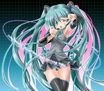  aqua_hair hatsune_miku long_hair microphone noritama_(gozen) one_eye_closed solo thighhighs twintails very_long_hair vocaloid 