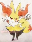  1girl adversarial_noise animal_ear_fluff animal_ears animal_hands animal_nose artist_name black_fur blonde_hair body_fur bow braid braixen closed_mouth colored_tips commentary dated english_commentary fox_ears fox_girl fox_tail full_body furry furry_female grey_background hair_bow hair_over_one_eye hands_on_own_hips highres leaning_forward looking_at_viewer multicolored_fur multicolored_hair neck_fur pokemon pokemon_(creature) pout puff_of_air red_bow red_eyes red_hair short_hair signature simple_background single_braid snout solo standing stick tail thick_thighs thighs thwillartz twitter_username two-tone_hair white_fur wide_hips yellow_fur 