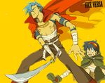  artist_request bandages blue_hair bodypaint cape cloak goggles goggles_on_head kamina katana male_focus multiple_boys sarashi shorts simon sketch sword tengen_toppa_gurren_lagann weapon 