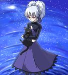  1girl bell black_cat carry carrying cat collar darker_than_black dress female grey_hair hair_ribbon long_sleeves lowres mao mao_(darker_than_black) maroon_eyes ponytail purple_dress purple_eyes purple_ribbon ribbon ripples water yin 