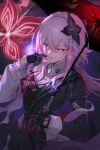  1girl absurdres black_flower black_gloves black_jacket black_umbrella breasts commentary evernight_(honkai:_star_rail) f.k_(hs225kr) finger_to_mouth flower flower_ornament gloves glowing glowing_eyes hair_flower hair_ornament half-jacket highres holding holding_umbrella honkai:_star_rail honkai_(series) jacket jewelry long_hair looking_at_viewer march_7th_(honkai:_star_rail) medium_breasts multiple_rings pink_hair red_eyes red_flower ring solo tongue tongue_out umbrella 