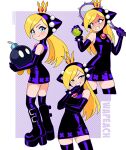  1girl absurdres ball black_boots black_dress black_gloves blonde_hair blue_eyes bob-omb boots character_name crown dress elbow_gloves gloves highres holding holding_tennis_racket hooded_dress long_hair mario_(series) mario_power_tennis mario_tennis mini_crown multiple_views nico-neko racket sleeveless sleeveless_dress tennis_ball tennis_racket thigh_boots warupeach 
