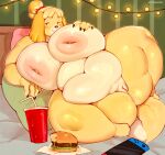 animal_crossing anthro anus belly big_belly big_breasts bodily_fluids breasts burger canid canine canis container cup domestic_dog female floppy_ears food fur genital_fluids hi_res huge_breasts huge_thighs inverted_nipples isabelle_(animal_crossing) long_ears looking_at_viewer mammal nintendo nintendo_switch nipples obese obese_anthro obese_female overweight overweight_anthro overweight_female petroverr shih_tzu solo spread_legs spreading thick_thighs toy_dog vaginal_fluids yellow_body yellow_fur