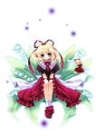  bad_id bad_pixiv_id blonde_hair blue_eyes capura_lin doll dress flying full_body leaf looking_at_viewer medicine_melancholy puffy_short_sleeves puffy_sleeves red_dress short_hair short_sleeves simple_background sitting size_difference solo su-san touhou white_background 