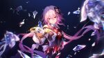  1girl absurdres bad_link black_background black_dress black_flower black_gloves chromatic_aberration coreflame_(honkai:_star_rail) dress earrings evernight_(honkai:_star_rail) flower game_cg glass_shards gloves grin hair_between_eyes hair_flower hair_intakes hair_ornament hairclip highres holding honkai:_star_rail honkai_(series) infinity_symbol jellyfish jewelry layered_dress long_hair looking_at_viewer low_twintails march_7th_(honkai:_star_rail) multiple_rings official_art parallel_hairclips parted_lips pink_hair presenting reaching reaching_towards_viewer red_eyes red_flower ring single_bare_shoulder smile solo twintails upper_body very_long_hair white_dress 