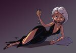  1girl alcohol black_dress breasts champagne dark-skinned_female dark_skin dress joao_pereira looking_at_viewer mirage_(incredibles) pillow short_hair small_breasts solo the_incredibles white_hair 