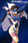  70s 90s brown_hair cosplay crossover elbow_gloves galaxy gloves jilpoong17 macross macross_7 mazinger_z mecha mecha_musume microphone milky_way music mylene_jenius oldschool parody science_fiction singing solo star star_(sky) vf-11_maxl visor yumi_sayaka 