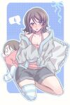  1girl baggy_clothes black_shorts blue_background blue_eyes blush border breasts brown_hair cleavage grey_hair head_tilt highres hood hoodie kneeling long_sleeves looking_at_viewer love_live! love_live!_sunshine!! nesoberi oversized_clothes pajamas pillow pink_tank_top pixel_art ribbon short_hair shorts simple_background single_thighhigh sitting solo sparklingvv1119 striped_clothes striped_thighhighs stuffed_toy tank_top thighhighs thighs tongue tongue_out watanabe_you water_drop white_background white_border white_eyes 